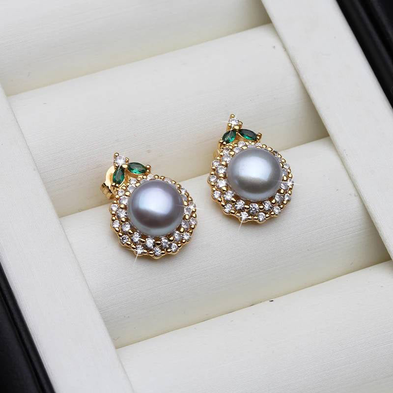 Genuine Round Freshwater Pearl Designer Earrings With Green Stone-4