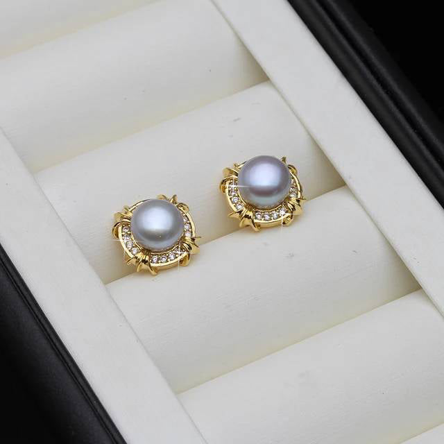 Genuine Freshwater Pearl Designer Stud Earrings with Simulated Diamonds in Gold-4