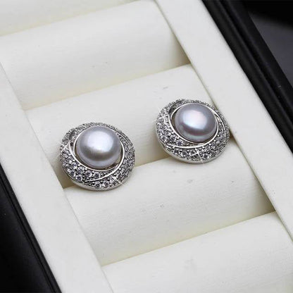 Designer White Freshwater Pearl & Simulated Diamond Round Stud Earrings-4