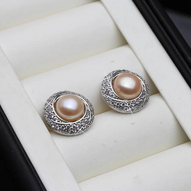 Designer White Freshwater Pearl & Simulated Diamond Round Stud Earrings-2
