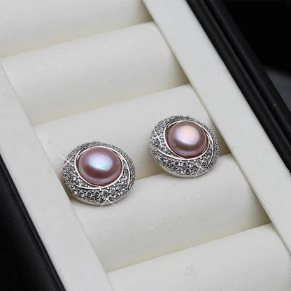 Designer White Freshwater Pearl & Simulated Diamond Round Stud Earrings-3