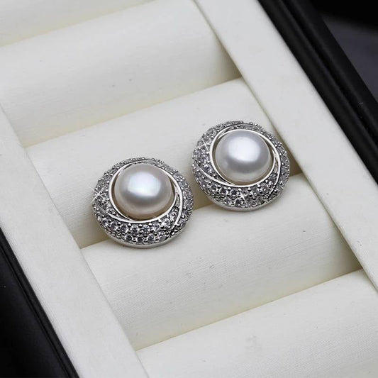 Designer White Freshwater Pearl & Simulated Diamond Round Stud Earrings-0