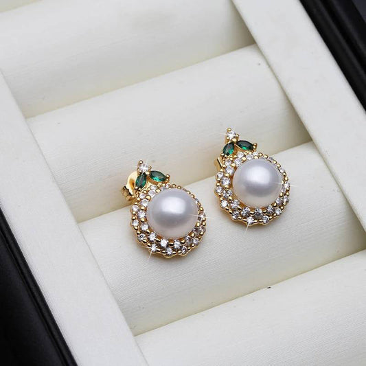 Genuine Round Freshwater Pearl Designer Earrings With Green Stone-0