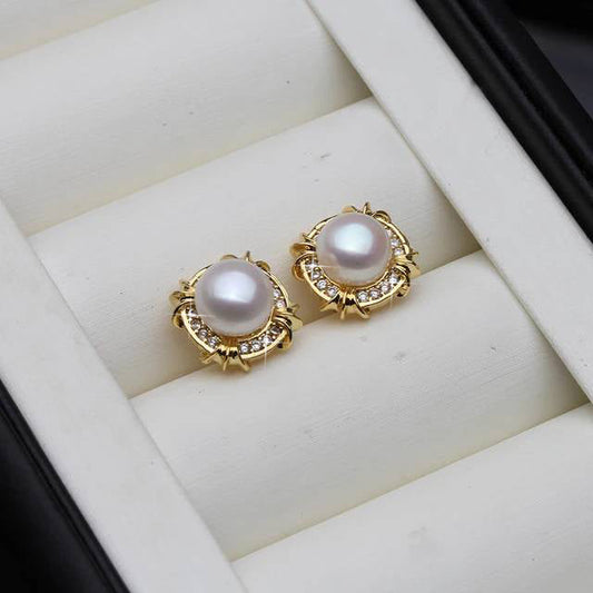 Genuine Freshwater Pearl Designer Stud Earrings with Simulated Diamonds in Gold-0