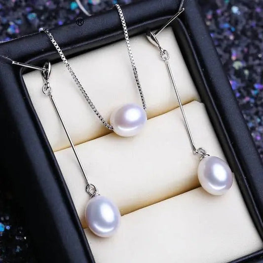 Genuine White Freshwater Pearl Drop Earring & Necklace Set-0